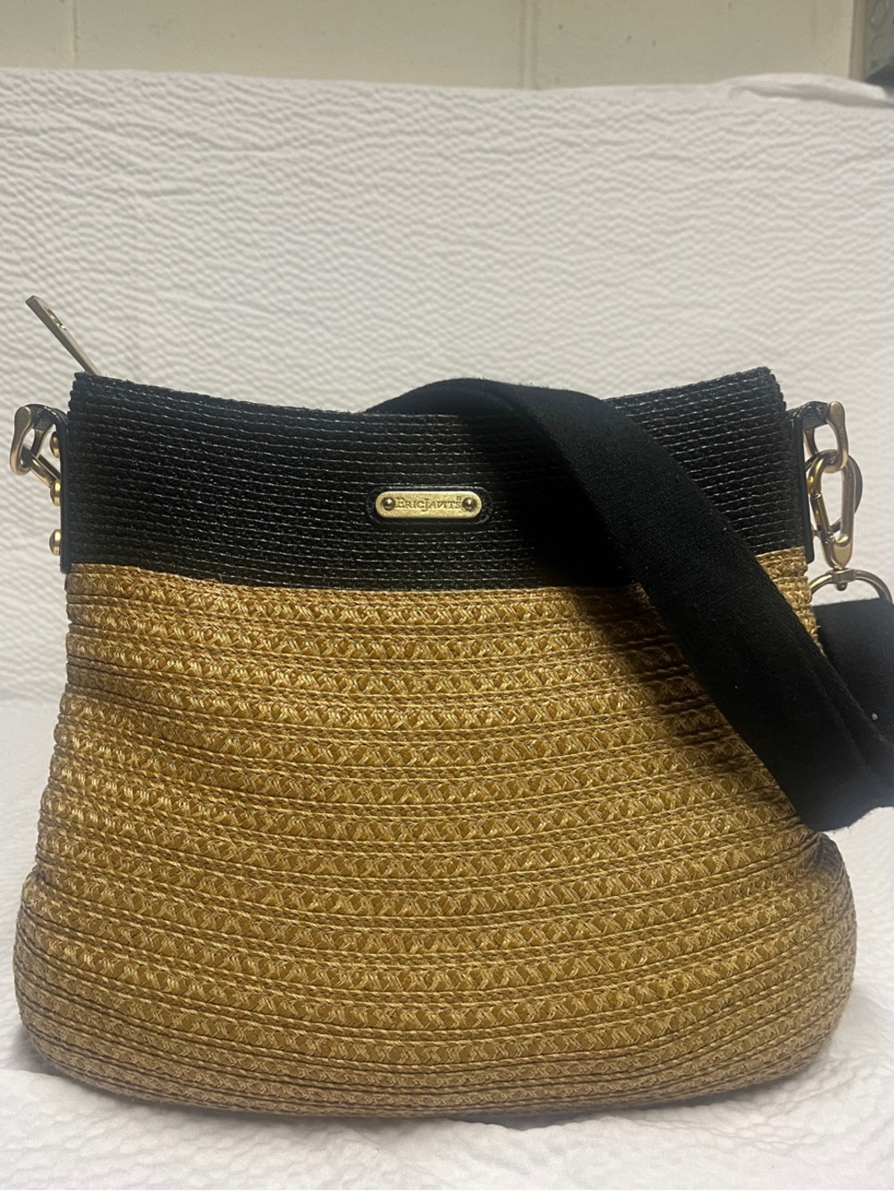 Eric Javits Black and Gold-Brown Woven Crossbody with Wide Strap